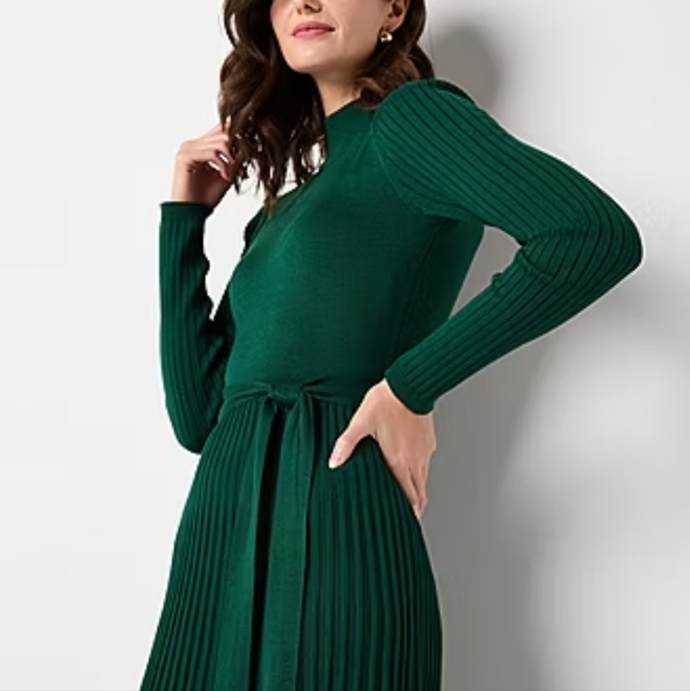 Studio One Petite Green Long Sleeve Sweater Midi Dress - Picture 4 of 12